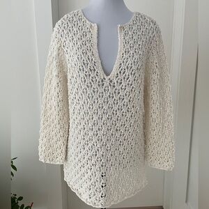 SIGRID OLSEN Lacy Knit Crochet Pullover Sweater V Neck Side Slits Boho Travel